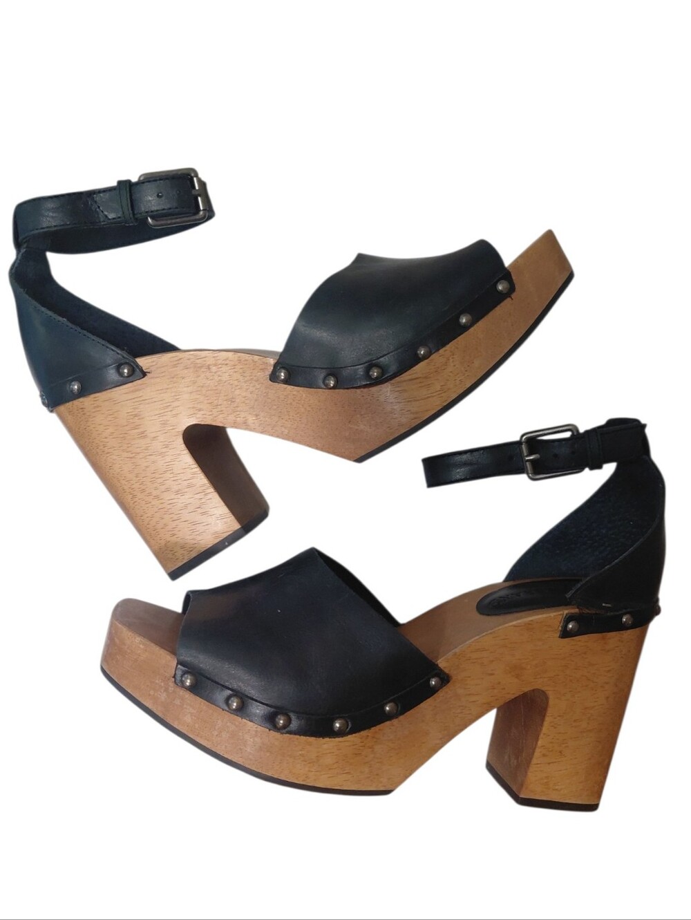Lucky Brand Black Leather Wood-Platform Clog Sandals Size 8.5